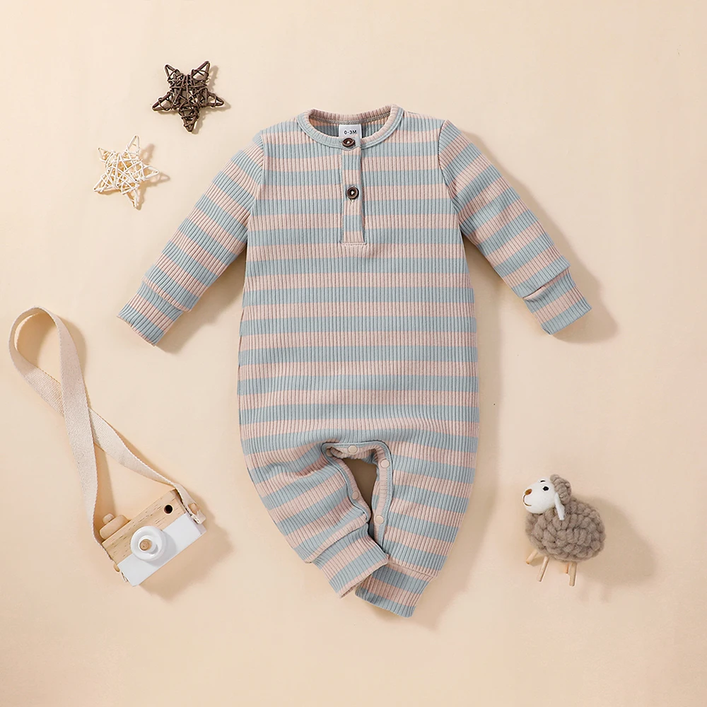 

Infant Newborn Clothes Baby Girl Boy Solid Jumpsuit Long Sleeve Zipper Buttons Ribbed Jumpsuit Pure Cotton Baby O-Neck Rompers