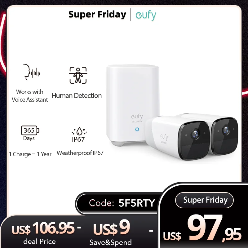 

eufy Security eufyCam 2 Wireless Home Security Protection Mini Camera SystemHomeKit HD 1080p Weatherproof No Monthly Fee