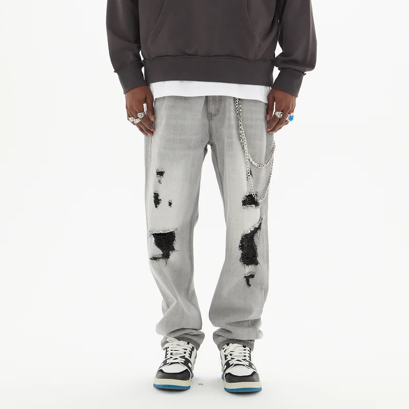 Men's Jeans Ripped Light Grey Front and Back Men and Women Clothing Hip Hop Y2k Pants Men Streetwear Brand High Quality Jeans