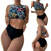 2pcs women swimsuits ladies sleeveless padded flower leaf print drawstring vest crop tops solid color briefs beach swimwear