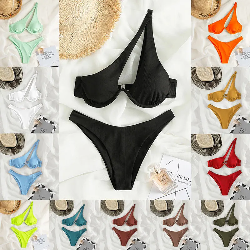 

Fashion Multi-Color Sexy Triangle Women'S Separate Swimsuit Solid Color One-Shoulder Steel Support Swimsuit