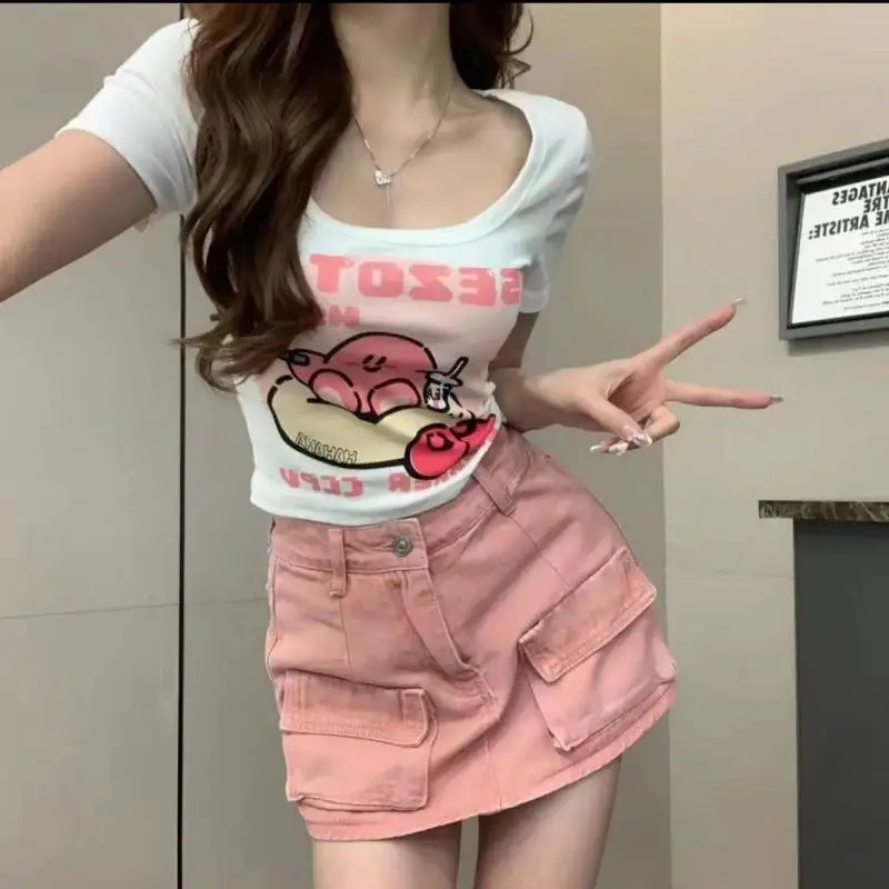 

Kawaii Cartoon Cute Top Kirby Printed T-Shirt for Summer New Niche Slimming and Versatile Printed Top for Women