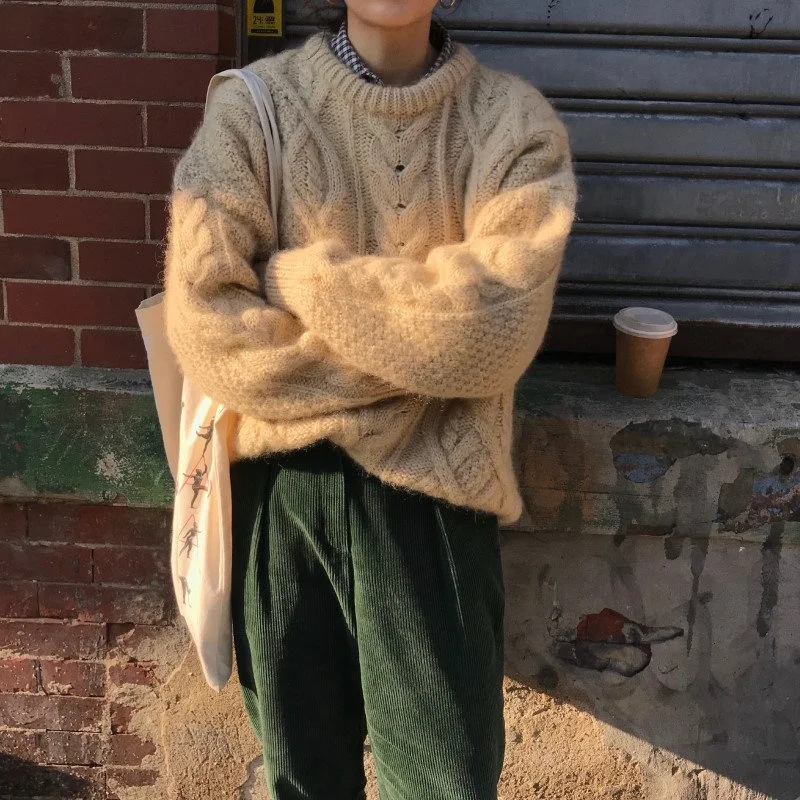 

Cute Vintage Thick Twisted Office Lady Tops Loose Apricot Elegant Pullovers Girls High Street Knitted Casual Sweater New