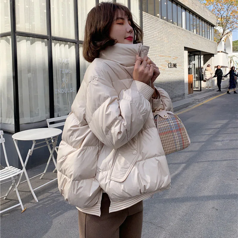 2021 New Solid Color Loose Short White Duck Down Outerwear Winter Women's Casual Stylish Warm Jackets Female Stand Collar Coats
