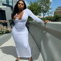 ribbed knitted women pure long sleeve midi dress v neck bodycon sexy streetwear party elegant 2021 summer slim clothes