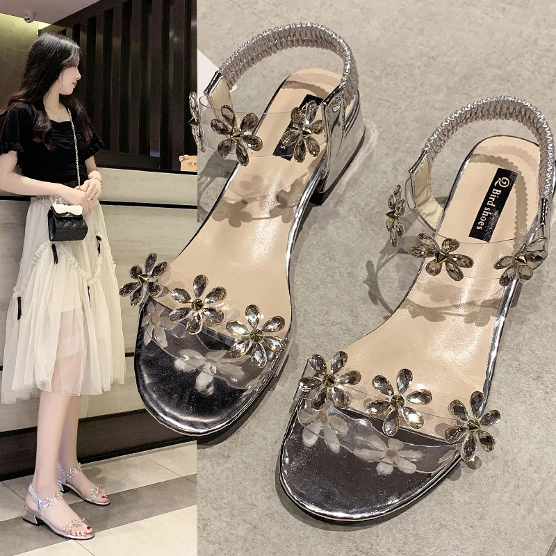 

Sweet Rhinestone Flower Sandals Summer Student Casual Rome Sandals Chunky Heel Fashion Pumps Fairy Style Transparent High Heels