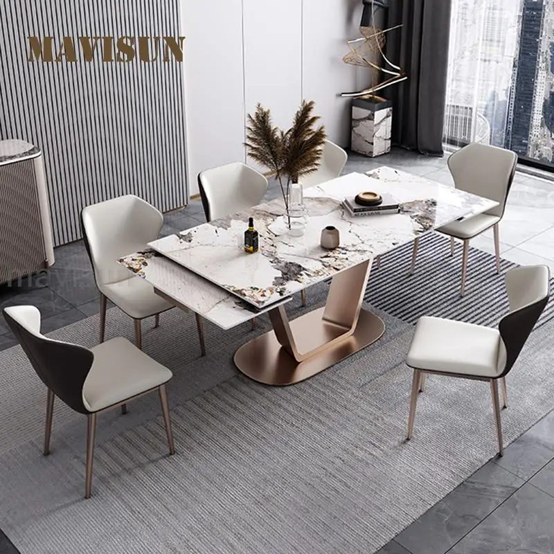

Italian Dining Table And Chairs Combination 1.8m Rock Board Expandable Kitchen Furniture Stainless Steel Base Rectangle Table