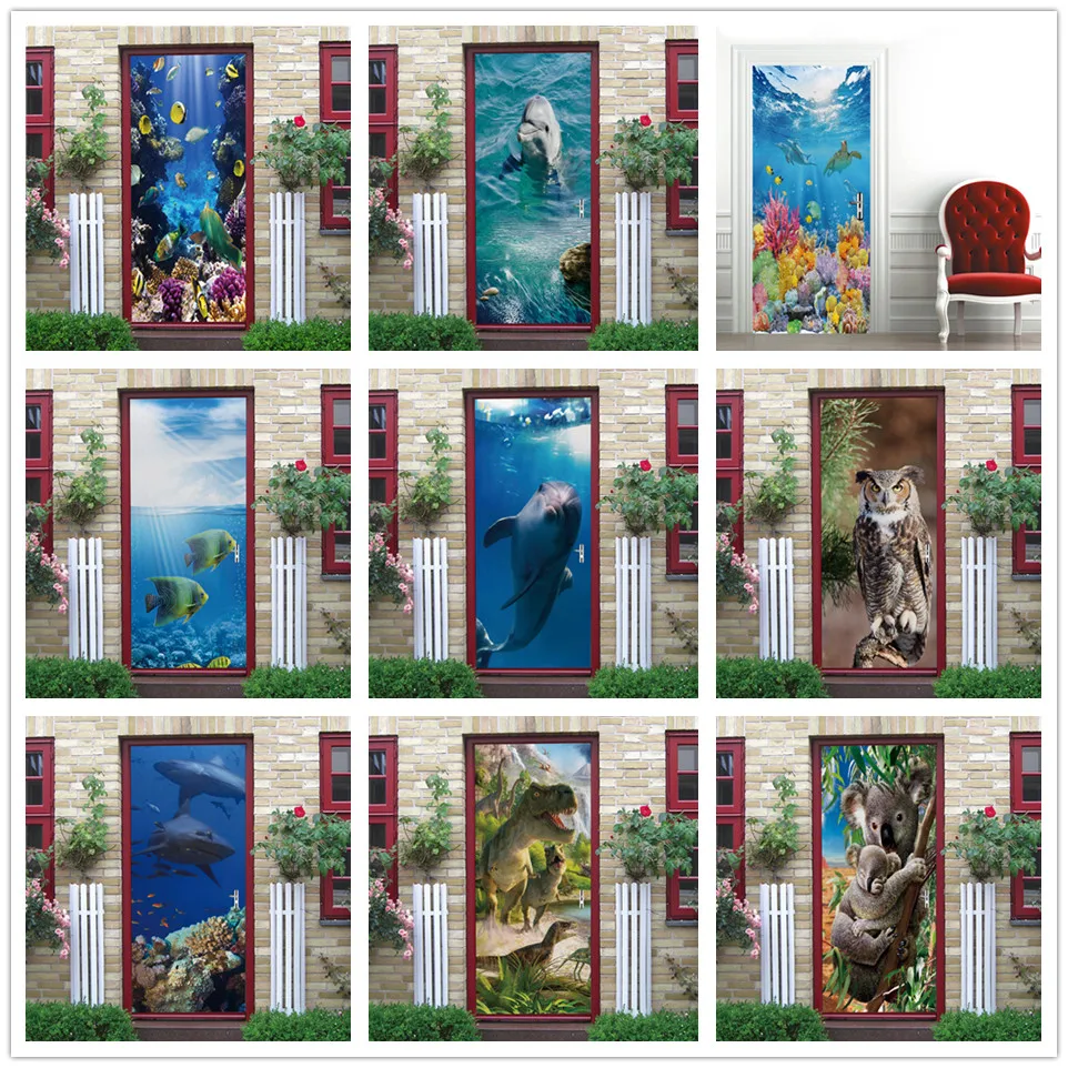 

Underwater World 3D Door Sticker For Kids Room Decoration Wallpaper Self-adhesive Home Decor Mural DIY Cartoon Wall Decal Poster