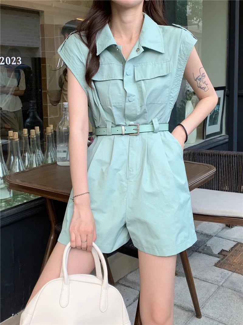 

Streetwear Women Cargos Jumpsuits New Arrivals Turn-down Collar Buttons Skinny Summer Rompers with Belt Overalls