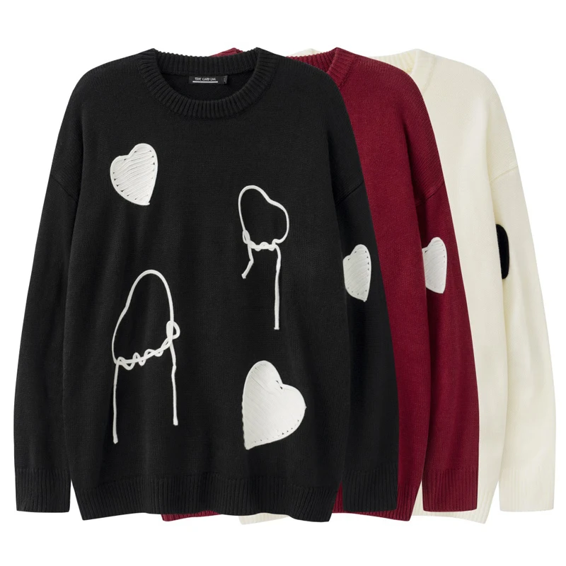 

Men Casual Thicked Knit Sweater Round Neck Solid Heart Printing Street Pullover High Street Loose Couple Jumper Winter Black New