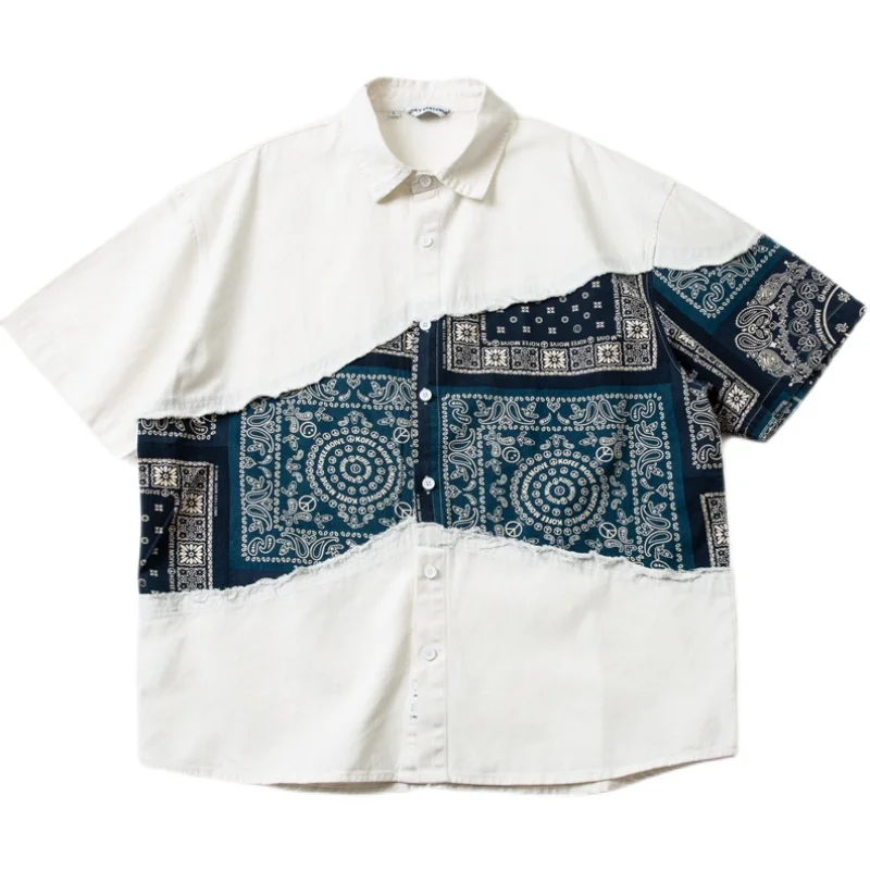 Japanese Loose Ethnic Style Patchwork Short Sleeved Shirt Summer Men's Trendy White Navy Printed Shirt Simple Turn-down Collar