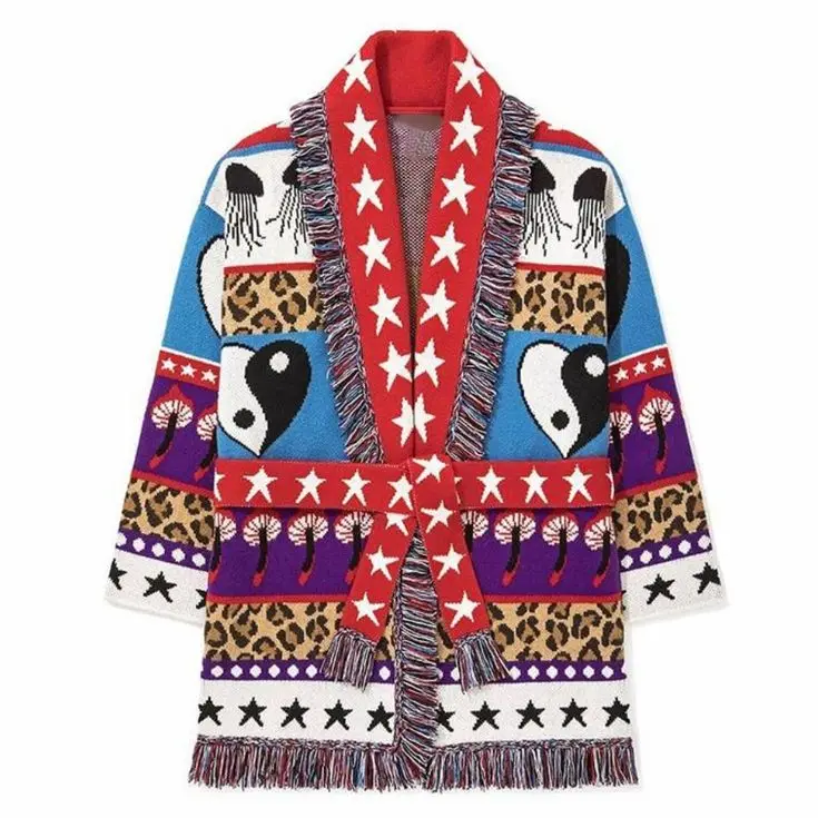 

TEELYNN Cashmere Knitted Cardigan Sweater Woman Tassel Geometric Pattern Full Sleeve Boho 2022 Spring Autumn Jacquard Cardigans