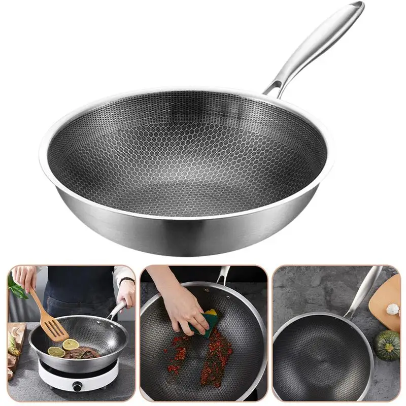 

Pan Wok Frying Skillet Honeycomb Cooking Nonstick Induction Flat Stir Kitchen Fry Stainless Stove Steel Bottom Saute Gas