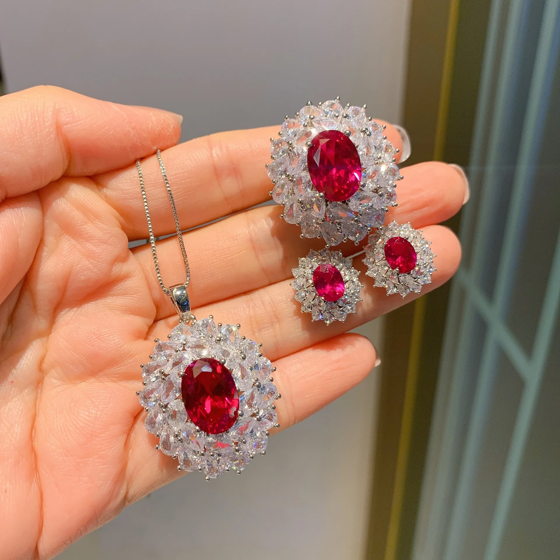 

JMK Luxury Ruby Gemstone Jewelry Sets Zircon Pendant Necklacen Earrings Bridal Wedding Ring Sets Lab Diamond Jewelry Gift Women