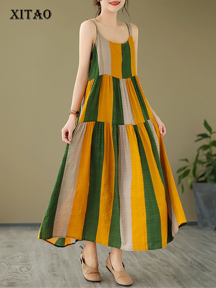 

XITAO Sleeveless Sling Strap Dress Casual Contrast Color Striped Spicing Women Summer New Simplicity Temperament Dress HQQ1098