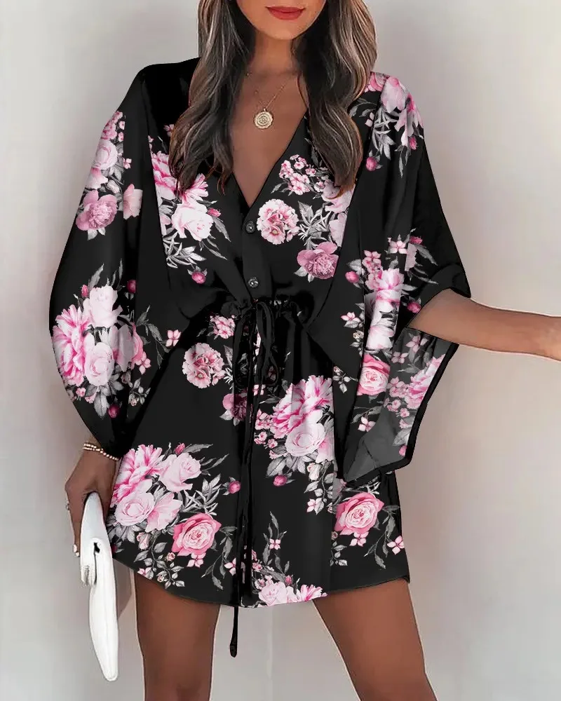 

2023 Summer Boho Dresses Women Casual Flora Print Batwing Sleeve Lace-Up Dress Sexy V Neck Loose Ladies Beach Mini Dress Vestido