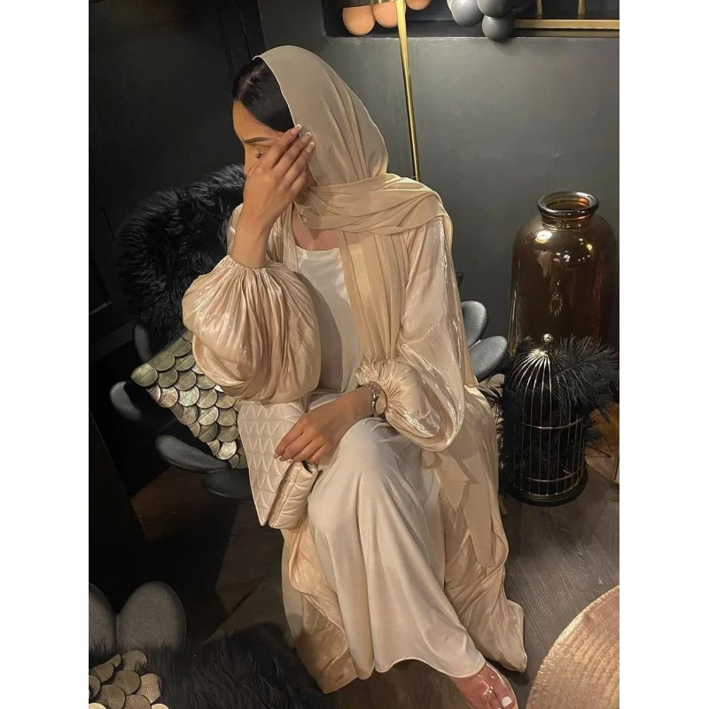 

Блестящее мягкое женское платье Eid Djellaba Дубай, шелковое кимоно, женское мусульманское платье, мусульманские Абайи с поясом WY56
