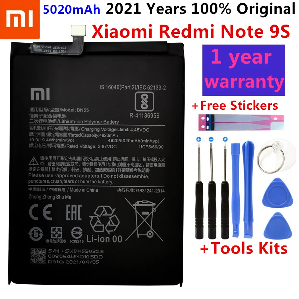 

100% Оригинальный запасной аккумулятор 5020 мАч для Xiaomi Redmi Note 9S Note9S BN55, оригинальный аккумулятор для телефона, бесплатные инструменты