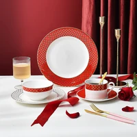 european household red dinner plate set ceramic coffee teacup saucer set holiday tableware rice bowl steak plate