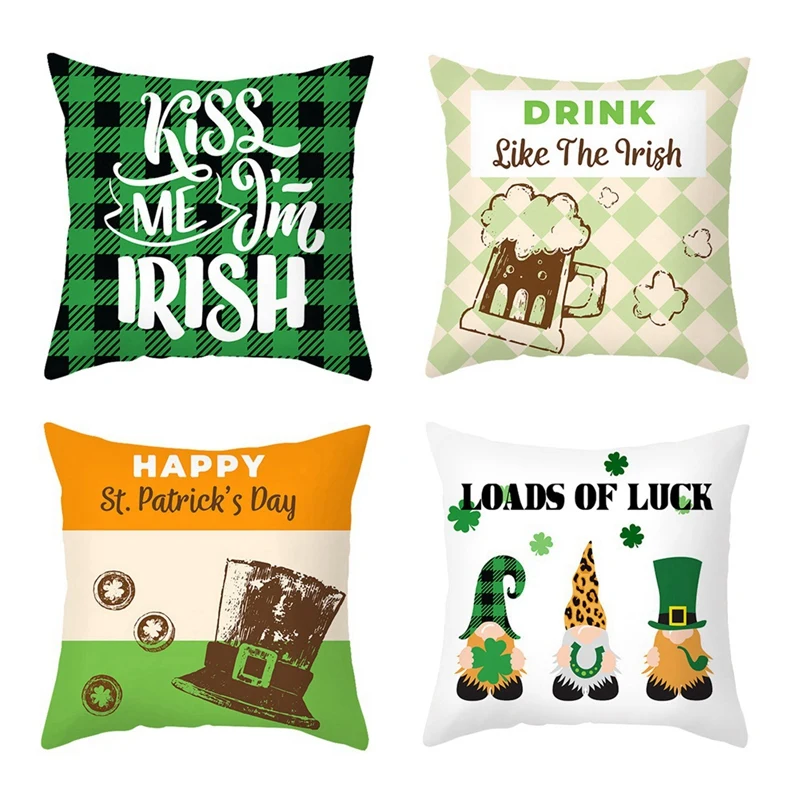 

4Pcs St Patricks Day Green Clover Pillowcase Irish Party Decor Square Pillow Cushion Cover Saint Patricks Day Decoration