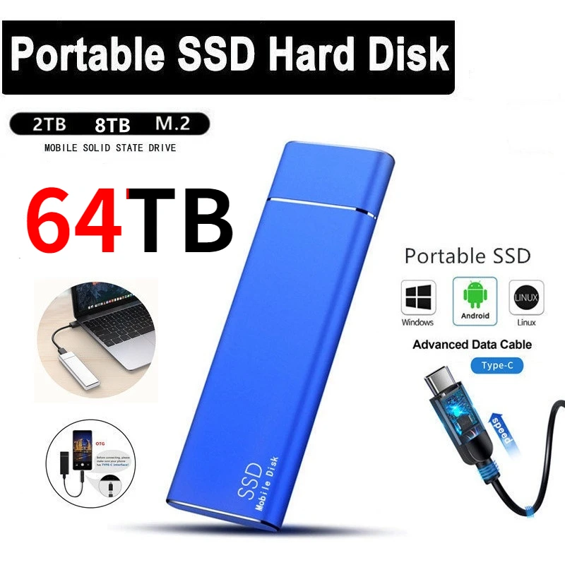 

64TB SSD High Speed External M.2 Solid State Disk Mass Storage USB 3.1 Type-C Interface 30TB Memory Metal Material Plug and Play