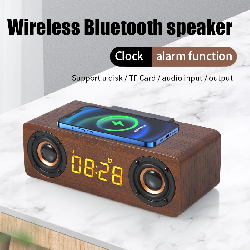 Фото Беспроводное зарядное устройство, Деревянный беспроводной Bluetooth-динамик, будильник с сабвуфером, 3D стерео Бумбокс, звуковая панель для комп... №2