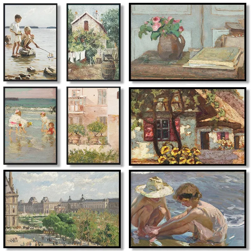 Винтажный деревенский Летний коттедж плакаты и принты с пляжным ландшафтом