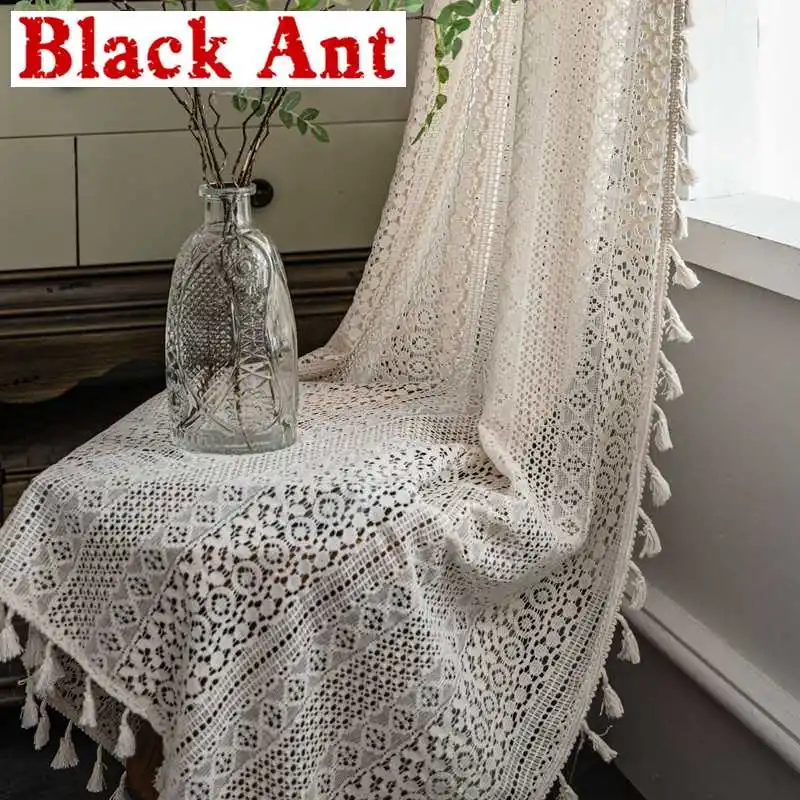 

Crochet Curtain Translucent Living Room Curtains Set American Country Hollow Boho Balcony Bedroom Finished Bay Window Art Decor