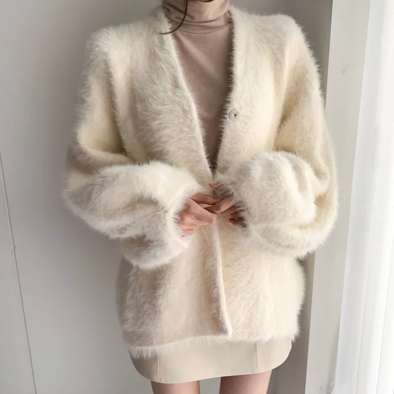 

Autumn and Winter Women's V-neck Mink Cashmere Sweater Coat Elegant Lantern Sleeves Knitted Mohair Loose Cardigan