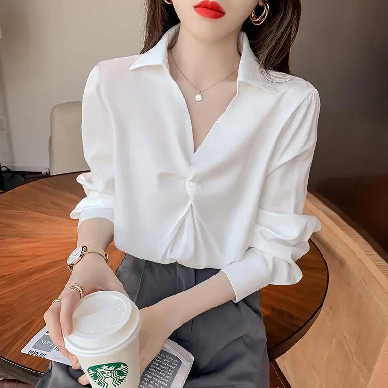 

Elegant Half Open V-Neck Folds Chiffon Women's Shirts 2022 Spring New Office Lady Casual All-match Loose Commuter Blouses Female