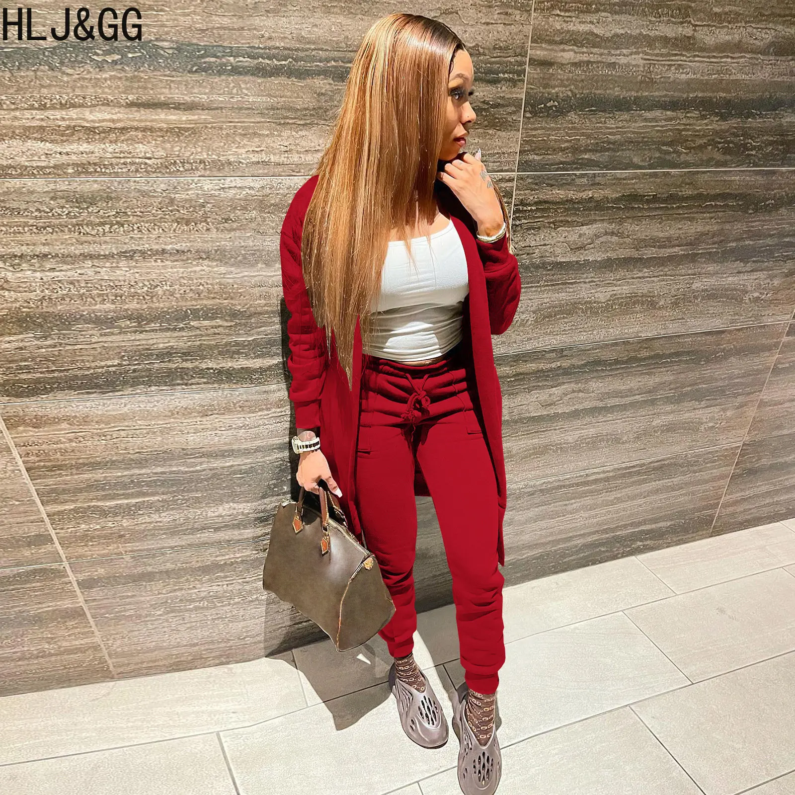 

HLJ&GG Casual Cardigan Long Coat And Skinny Pants Two Piece Sets Women Solid Color Matching Outfits Fall Female 2pcs Tracksuits