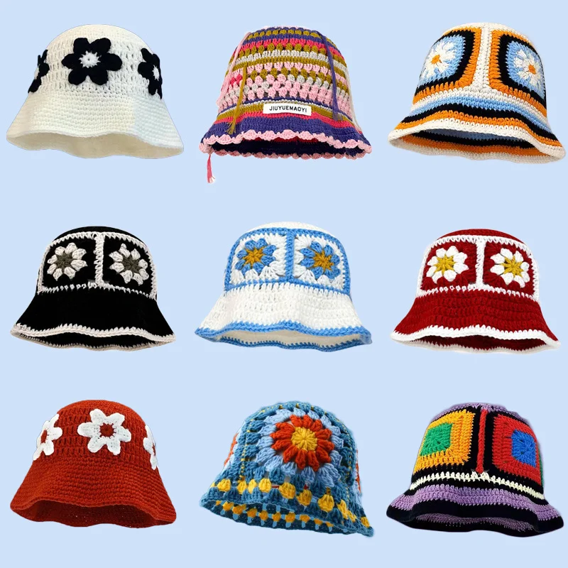 

2023 Autumn New Crochet Hat Korean Handmade Bucket Hat Women's Weaving Knitted Hat Y2k Fashion Flowers Autumn Winter Beanies