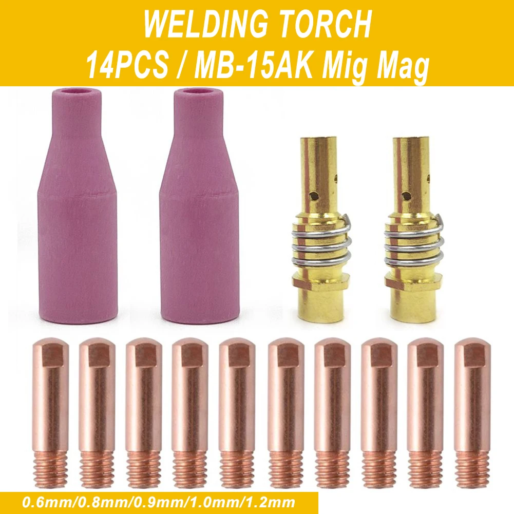 14Pcs 15AK Welding Torch Consumables 0.6-1.2mm MIG Torch Gas Nozzle Tip Holder For MIG MAG Welding Torch Tool