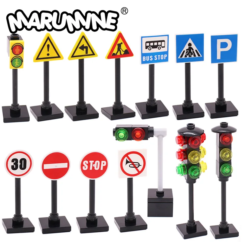Marumine Traffic Road Sign Light Lamp Block Brick City Street View Accessories Signpost Barrier Speed Limit Indicator Warning 