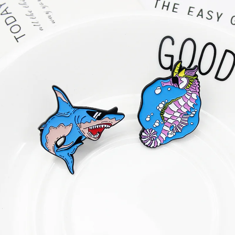 

New Vintage Sunglasses With Shark And Hippo Alloy Enamel Brooch Cartoon Fun Cute Sea Creature Emblem Clothes Pin Jewelry Gift