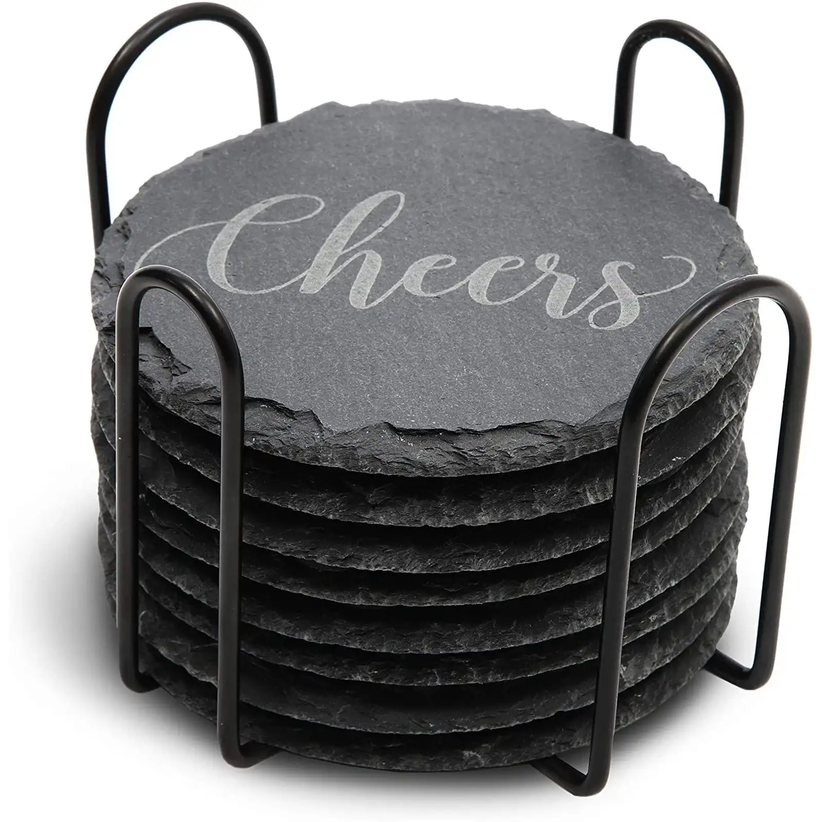 

8-Pack Round Black Slate Stone Coasters Set for Drinks Cups with Steel Holder Stand 3.8-inch