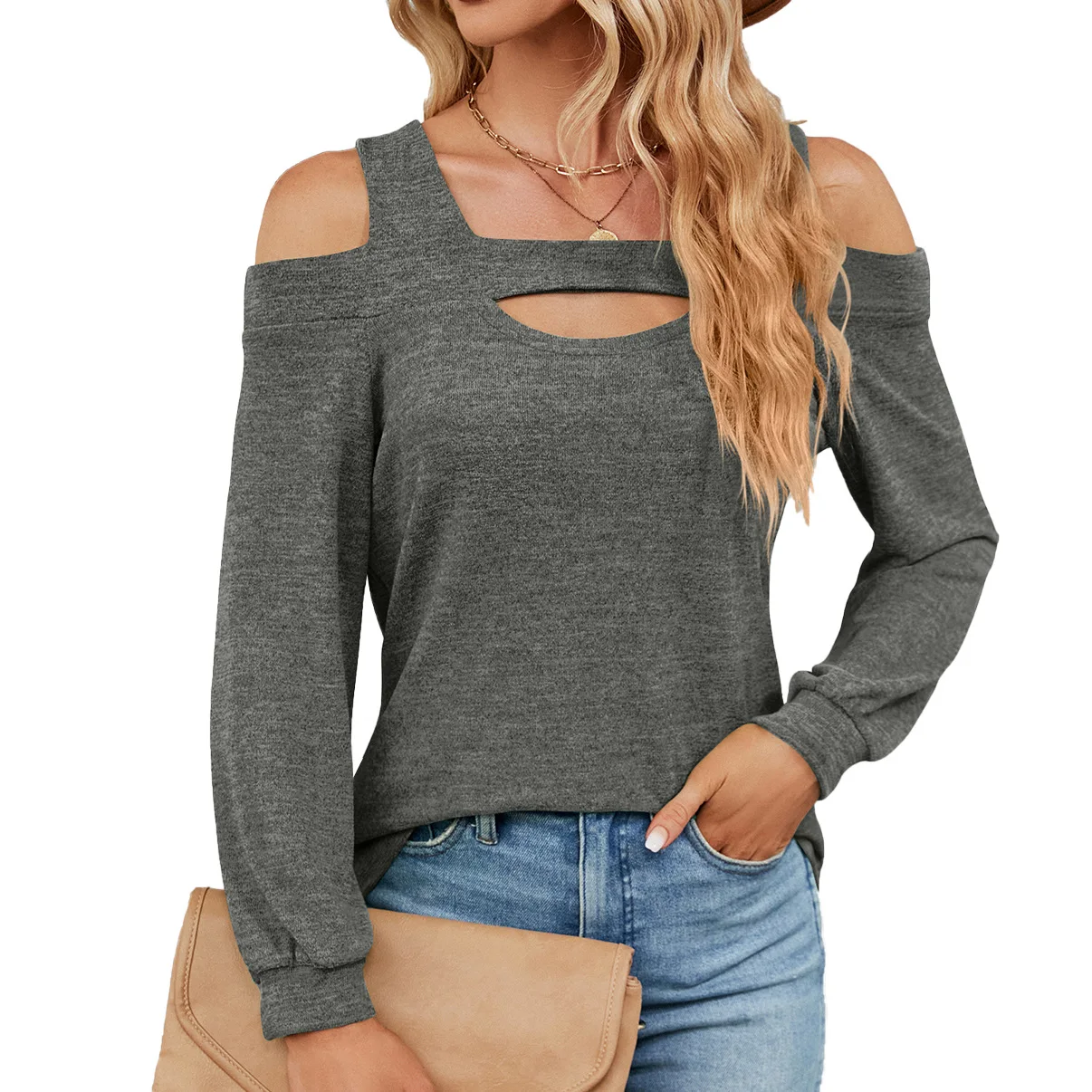 

Autumn 2023 new u-neck strapless stitching long-sleeved loose t-shirt blouse woman white