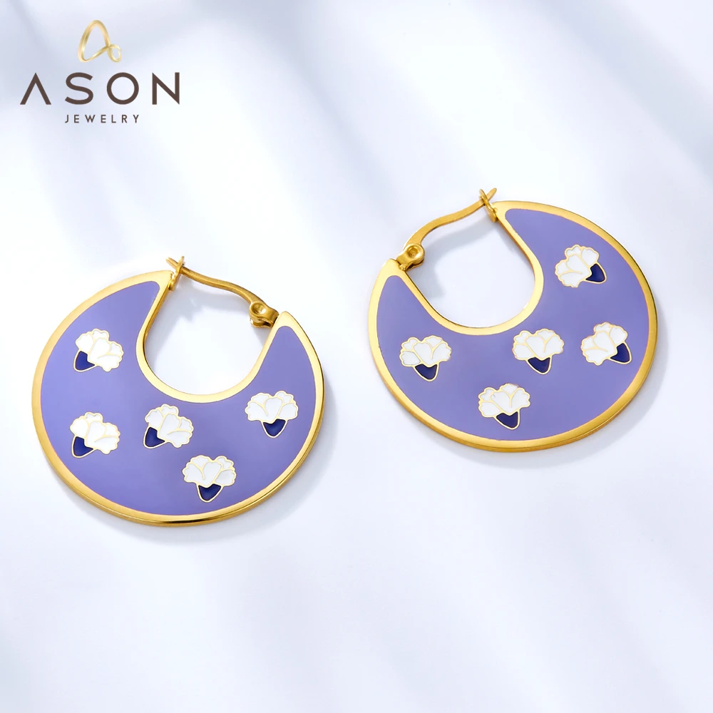 

ASONSTEEL Stainless Steel Round Shpae Carnation Pattern Purple Green Color Dripping Oil Gold Color Stud Earrings For Women Daily