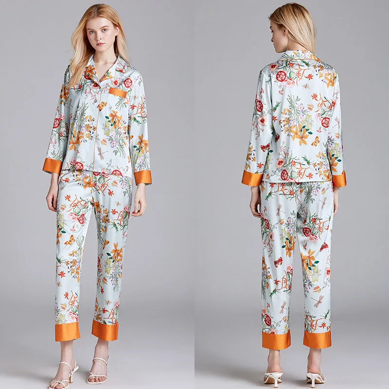 Women 2 Pieces Satin Silk Sleepwear Long Sleeve Button Shirt and Pants Floral Printed Pajamas Set