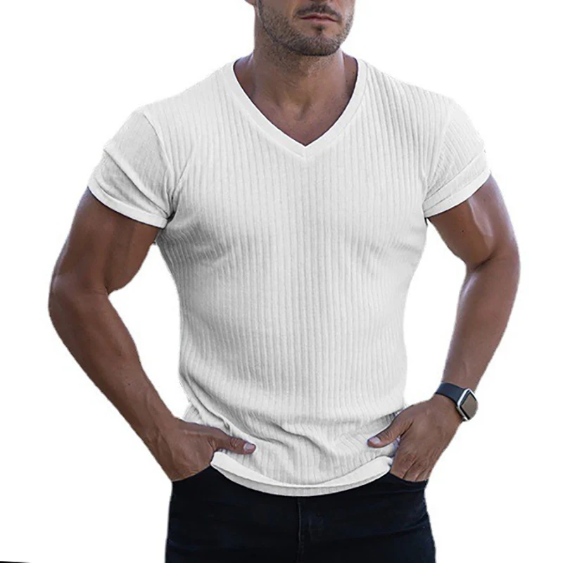 

New Arrival Summer Fitness Mens Thin Pullover Sweaters Solid Vertical Stripes V Neck Knitwear Short Sleeve Tops