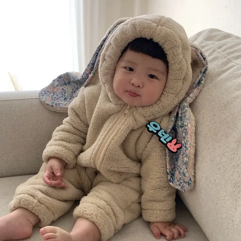 

HoneyCherry Baby Bunny Ears Plush Thicken Warm Romper Newborn Girl Clothes