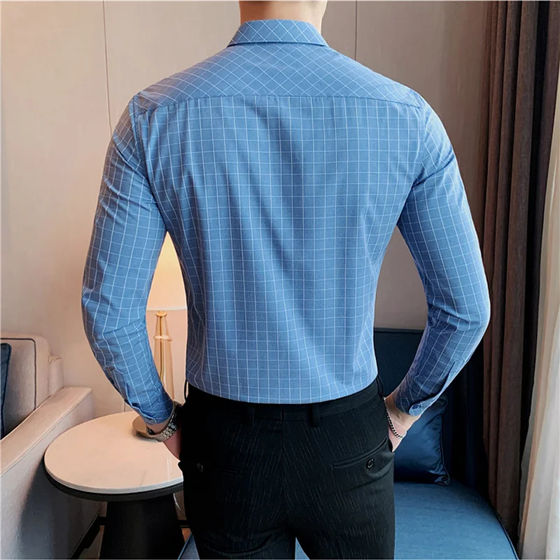 Classic Plaid Men's Shirts Long Sleeve Slim Fit Business Casual Formal Dress Shirt Office Social Party Tuxedo Men Clothing 2022