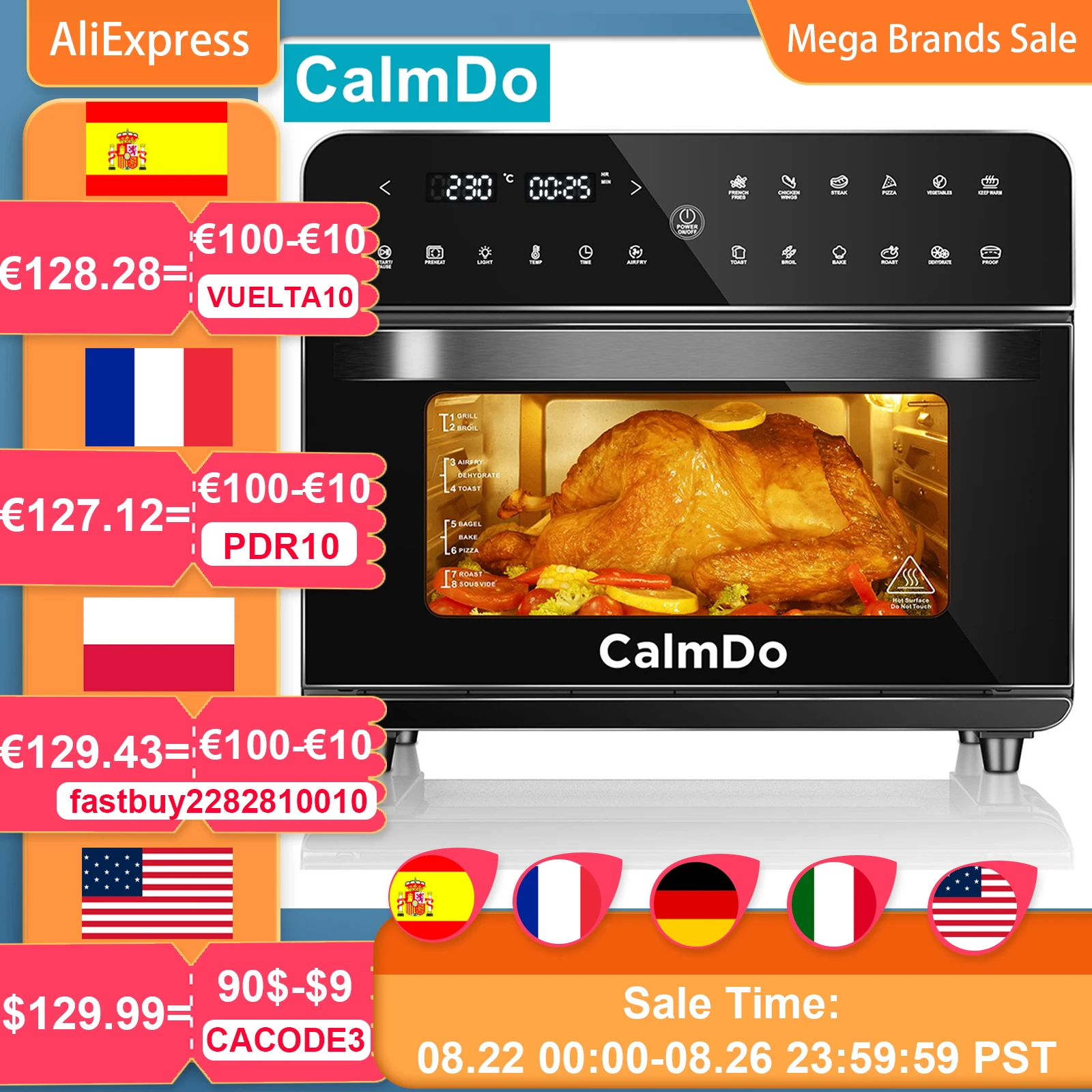 Best Calmdo 1800W 25L Smart Lucht Friteuse Oven Broodrooster Rotisserie Dehydrator Aanrecht Oven Met Led Digitale Touchscreen Air Friteuse oven
