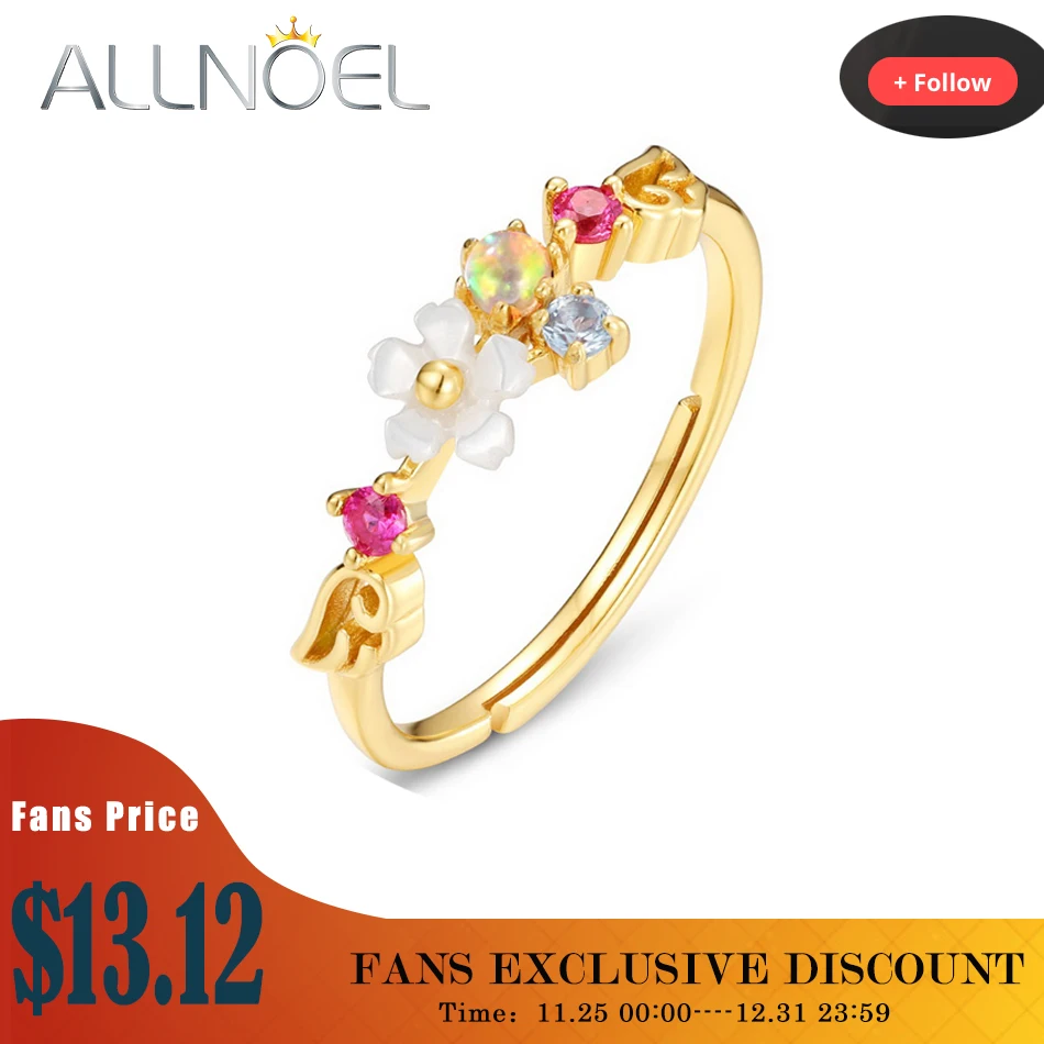 

Женское кольцо ALLNOEL, регулируемое кольцо из стерлингового серебра 925 пробы с цветным опалом и белым цветком в виде ракушки, романтическое юв...