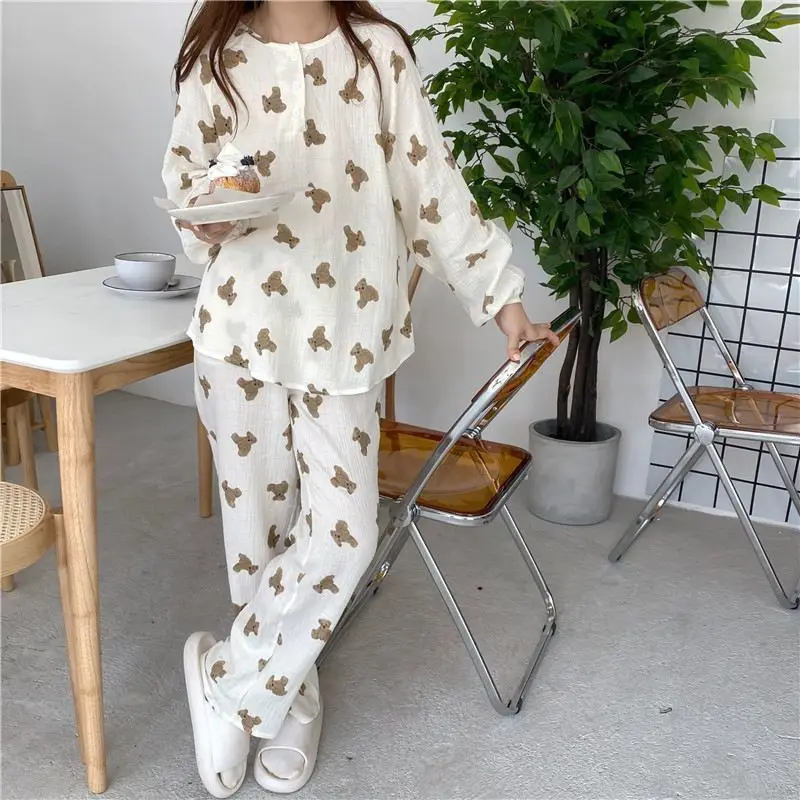 QWEEK Pijamas Women Cotton Two Piece Set Round Neck Kawaii Bear Pajamas Girls Sleepwear Nightwear Loose and Soft Pyjamas Cute