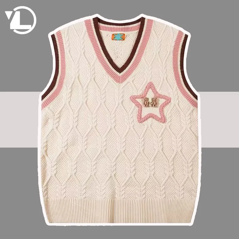 

Японский винтажный Трикотажный жилет для мужчин и женщин, Осенний вязаный свитер без рукавов для колледжа, уличный хип-хоп, цветной Свободный жилет