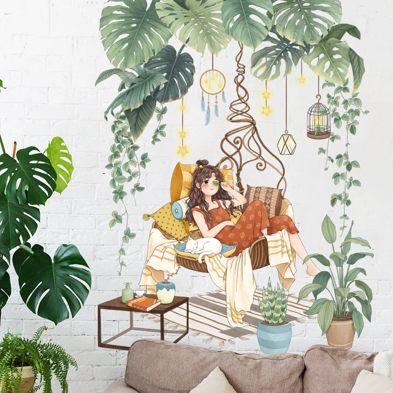 

Наклейка на стену с зелеными растениями, украшение для спальни и девушек, декоративные обои для гостиной, украшение для дома, красивые Мульт...