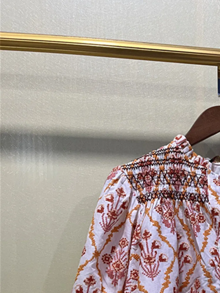 

Women Puff Sleeve Floral Embroidered Shirt French Elegant Waist Lace-Up Ladies Single Breasted Blouse