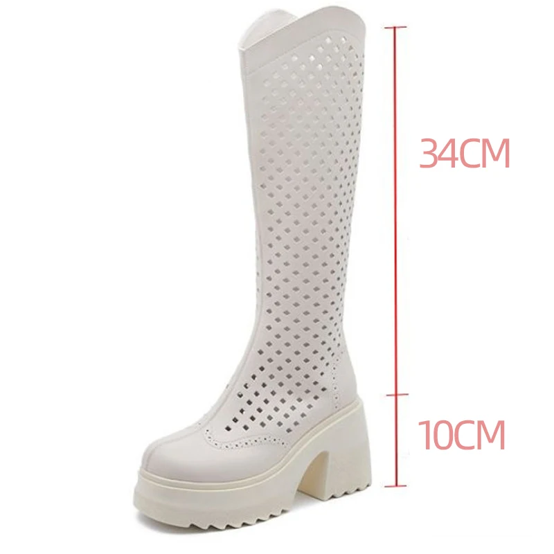 10cm Genuine Leather Mid Calf Thick Sandal Booties Summer Antiskid Hollow Women  Fashion Zipper Design High Boots Platform Shoes