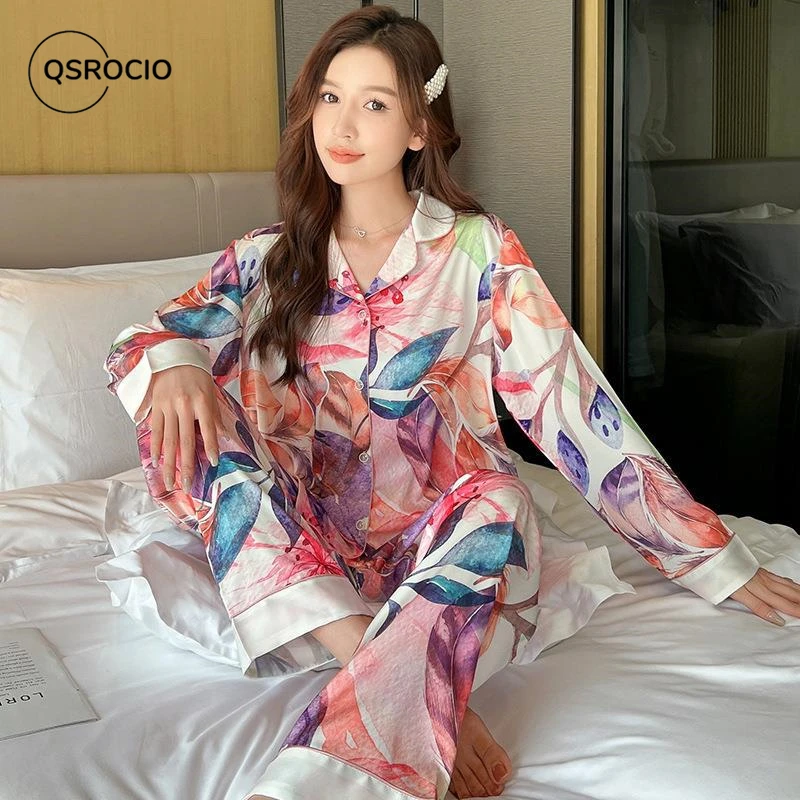 

QSROCIO Женский пижамный комплект , модная Пижама с цветным принтом листьев, одежда для сна для отдыха, шелковая, как длинная Домашняя одежда, ночное белье для женщин, маленькая